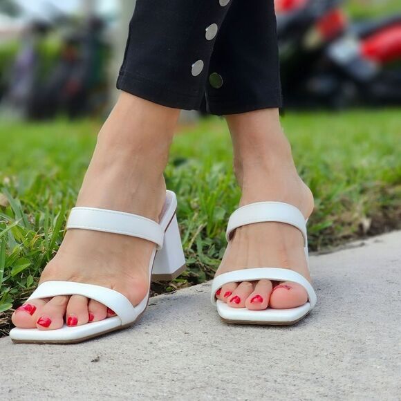 Shoes - Women's White Square Sole Double Strap Chunky Heel Sandals